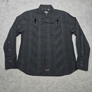 Vintage Fender Shirt Mens XL Black Fleur De Lis Velvet Rock Guitar Button Up y2k